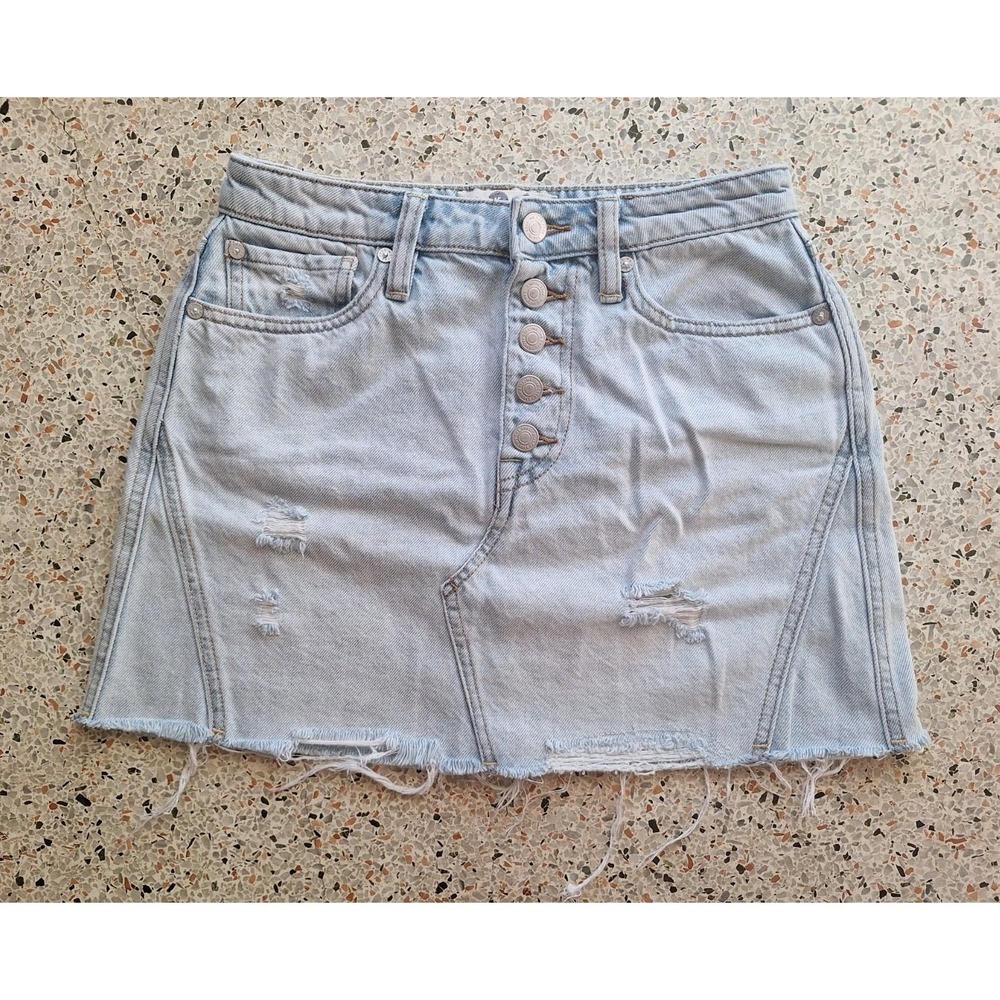 Free People Denim A-Line Mini Frayed Hem Distressed Skirk - Picture 3 of 6